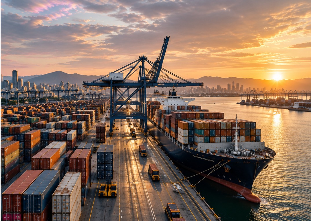 International container port at golden hour with cranes, cargo vessels and stacked containers